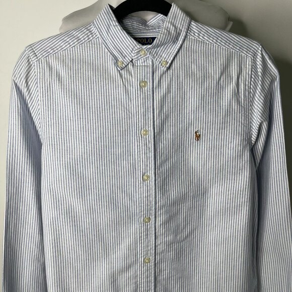 POLO Ralph Lauren Kid's Boy's Light Blue Button Down Striped Shirt Size Large - Picture 2 of 7
